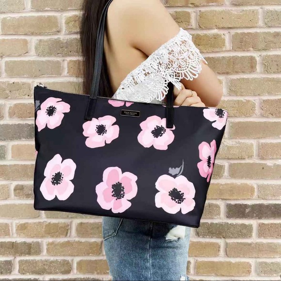 Kate Spade Hayden Floating Poppies Top Zip Nylon Tote Black Pink Floral Rose - Picture 3 of 6